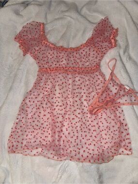 Sheer Heart-Print Mesh Babydoll Nightdress - Pink